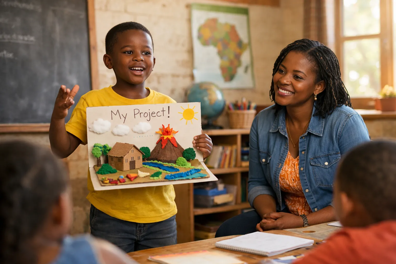 African child confidently presenting a creative classroom project while a supportive female teacher smiles in a bright, inspiring learning environment.