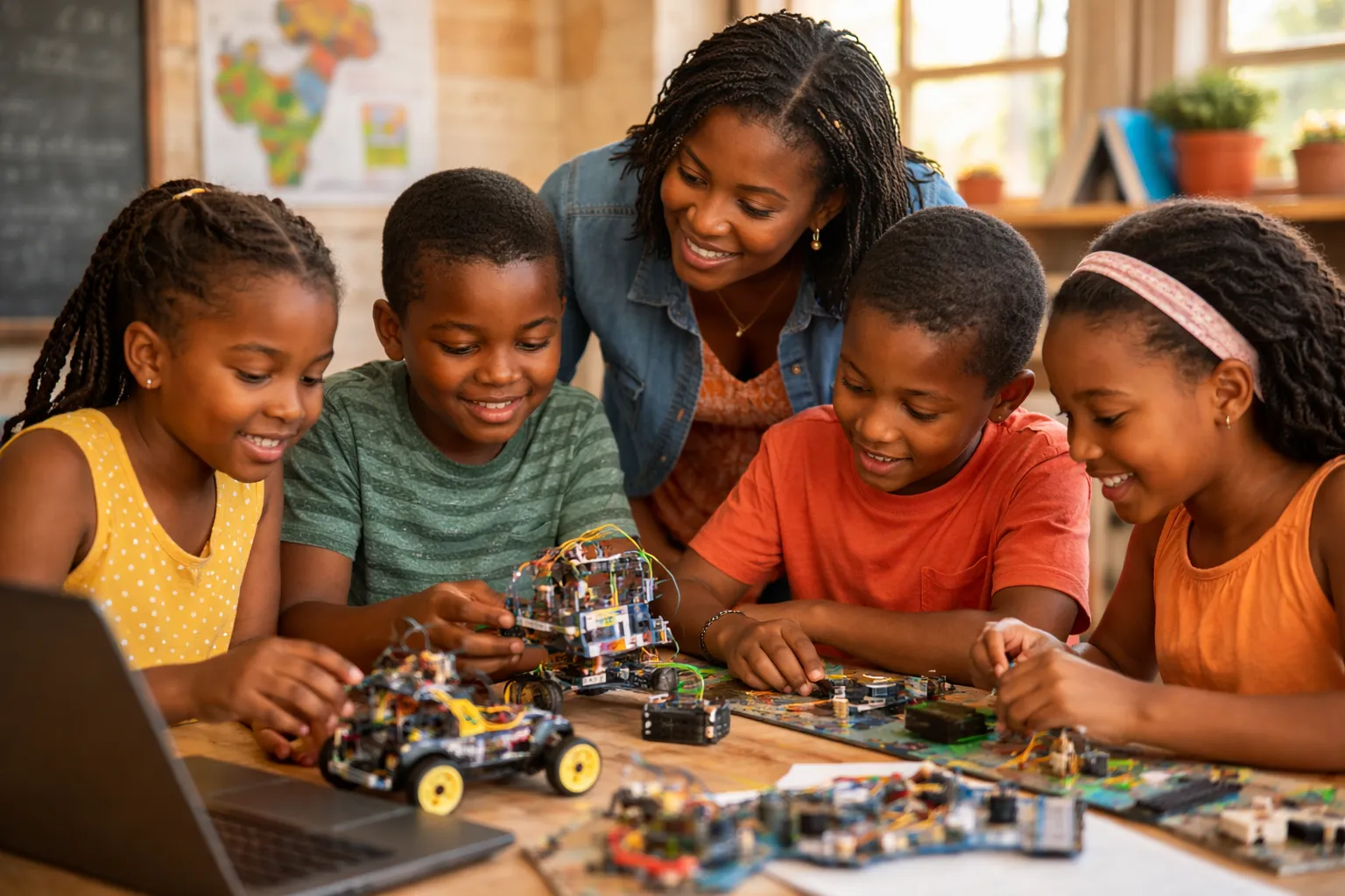 African children collaborating on a robotics and science project in a bright classroom with a supportive instructor guiding them.