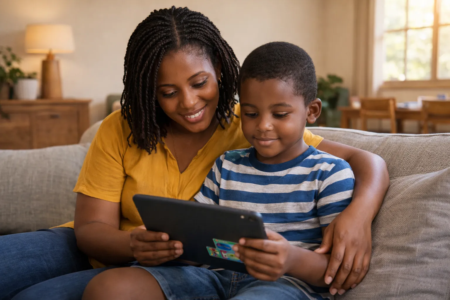 African mother sitting beside her child using a tablet for an educational activity at home in a warm and modern family setting.