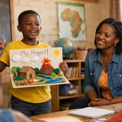African child confidently presenting a creative classroom project while a supportive female teacher smiles in a bright, inspiring learning environment.
