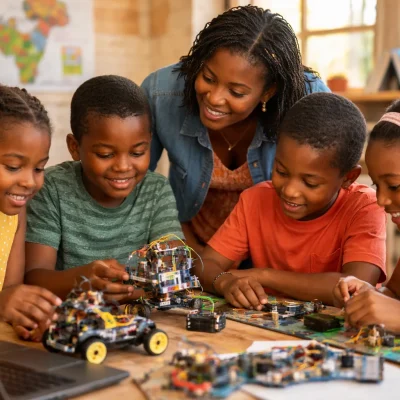 African children collaborating on a robotics and science project in a bright classroom with a supportive instructor guiding them.