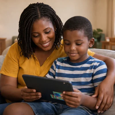 African mother sitting beside her child using a tablet for an educational activity at home in a warm and modern family setting.